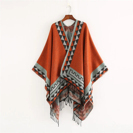 Figueroa - Geometric Border Rust Orange Poncho