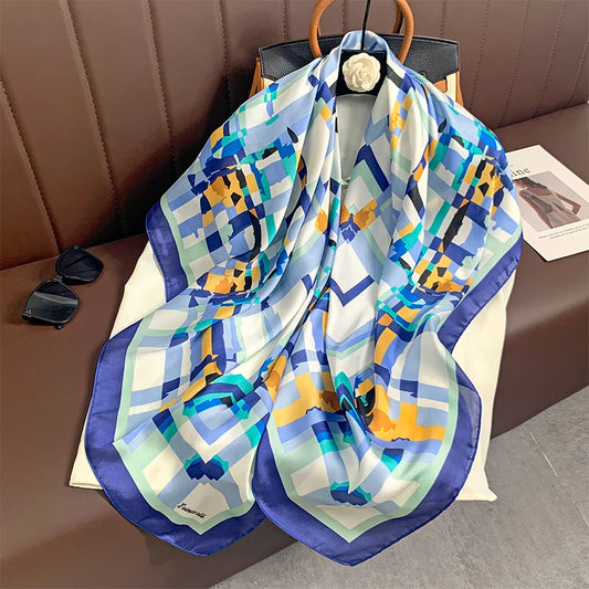 Aldama - Blue Geometric Pattern Scarf with Royal Border