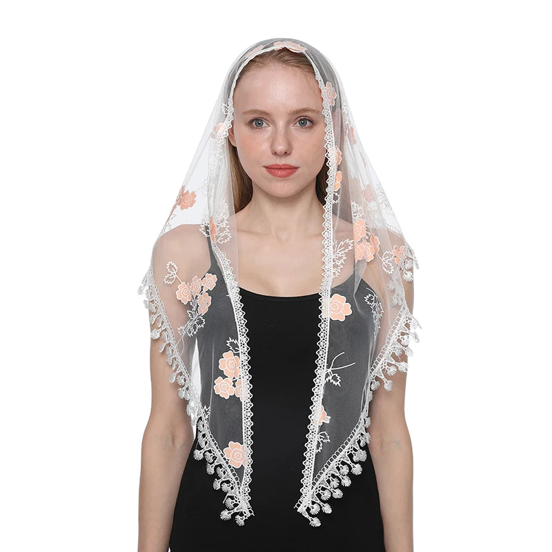 Quiroga Mantilla – White with Peach Floral Embroidery