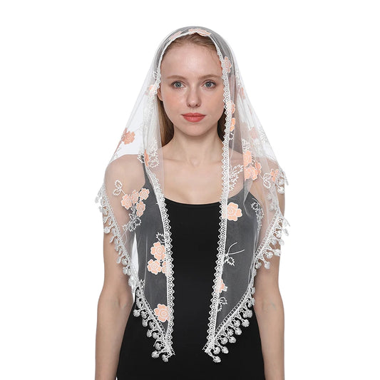 Quiroga Mantilla – White with Peach Floral Embroidery