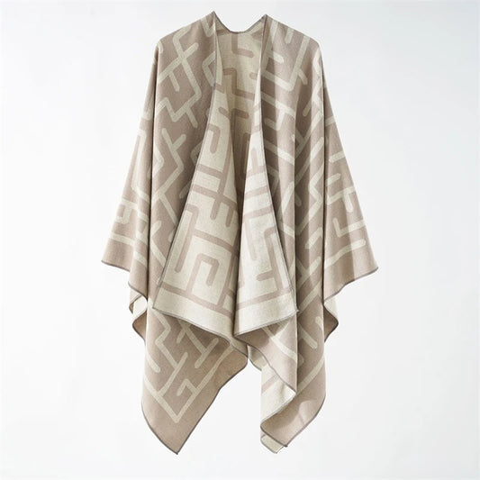 Borbón - Sand Whisper Poncho – Minimalist Maze in Soft Neutrals