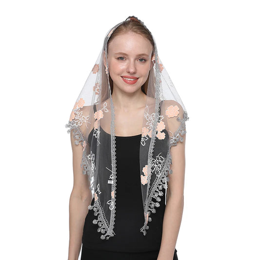 Quiroga Mantilla – Sheer Lace with Peach Floral Embroidery