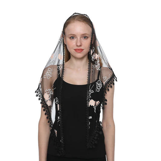 Quiroga Mantilla – Black with Blush Floral Embroidery and Lace Trim