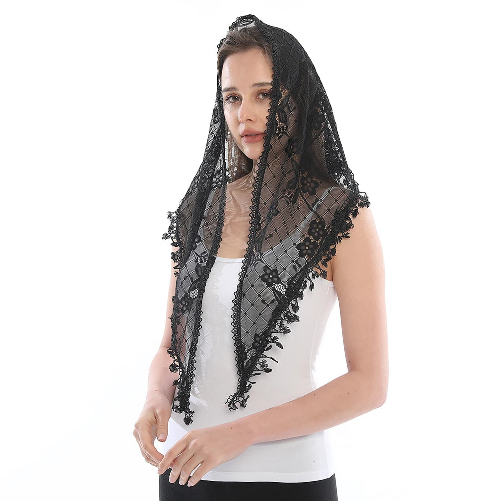 Mariscal Mantilla – Black Lattice Lace with Floral Trim