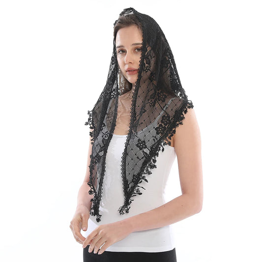 Mariscal Mantilla – Black Lattice Lace with Floral Trim