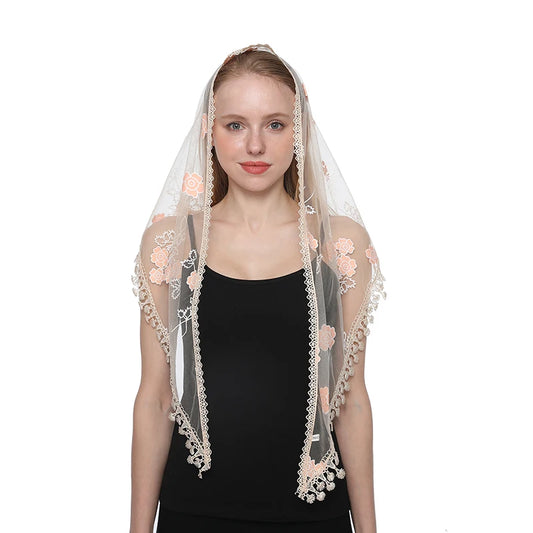 Quiroga Mantilla – Ivory with Peach Floral Embroidery