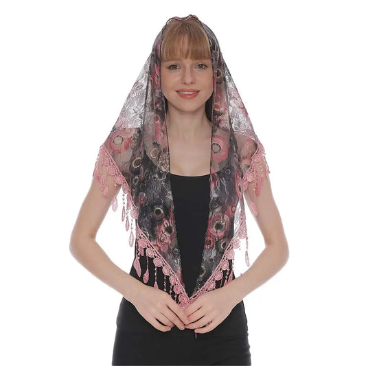 Sanabria Mantilla – Black & Pink Lace with Teardrop Trim