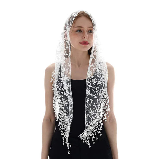 Zabala Mantilla – White Floral Lace with Beaded Trim