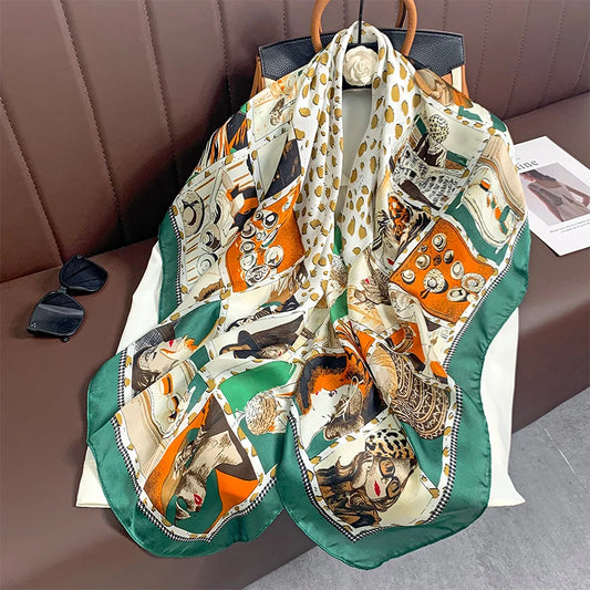 La Trémoïlle - Retro Collage Green-Trim Scarf