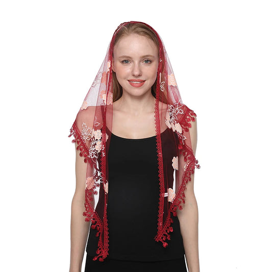 Quiroga Mantilla – Deep Red with Floral Embroidery and Lace Trim