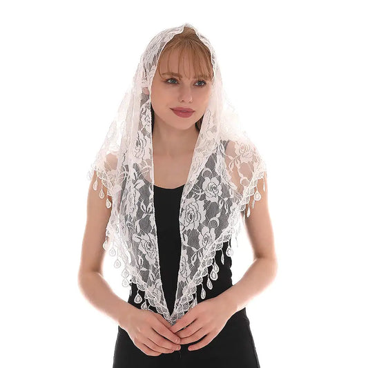 Tejada Mantilla – White Floral Lace with Teardrop Trim