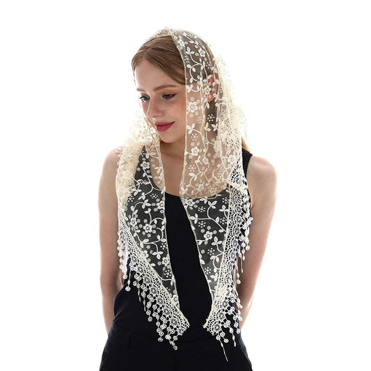 Zabala Mantilla – Ivory Floral Lace Veil with Beaded Fringe