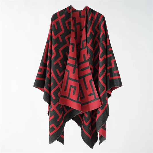 Borbón - Crimson Cipher Poncho – Striking Red Meets Urban Geometry