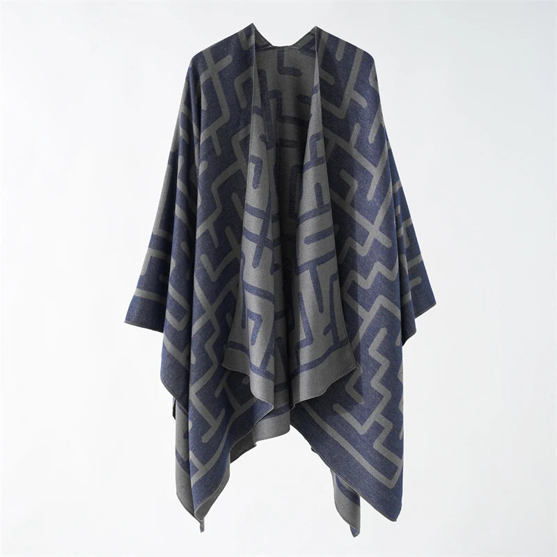 Borbón - Twilight Maze Poncho – Calm Complexity in Indigo and Grey