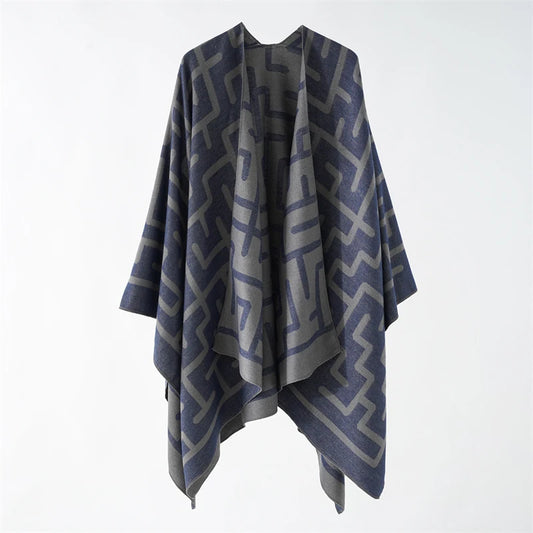 Borbón - Twilight Maze Poncho – Calm Complexity in Indigo and Grey