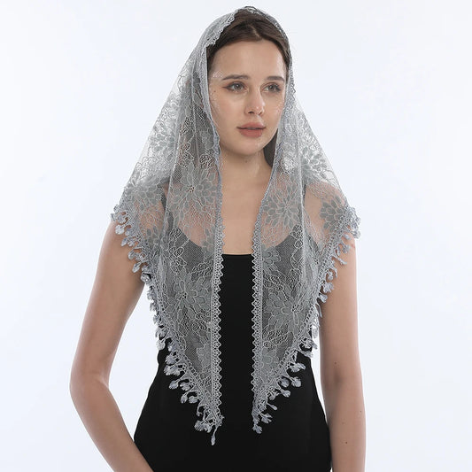 Herrera Mantilla – Silver Lace with Floral Detail and Teardrop Edge