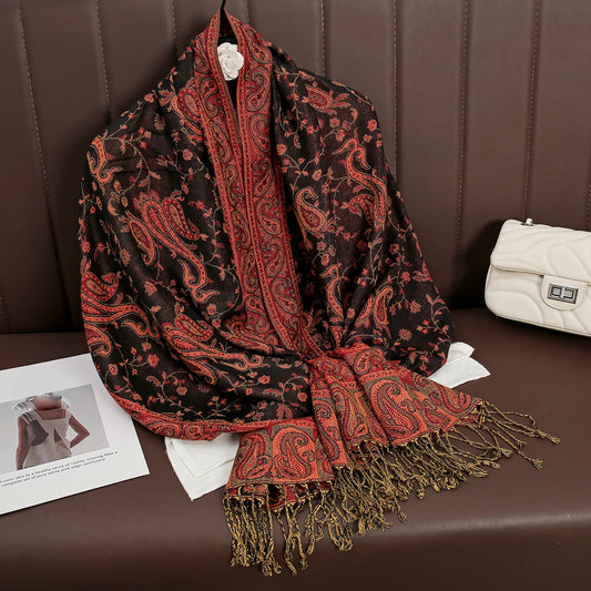 Chantilly - Midnight Black & Crimson Paisley Shawl