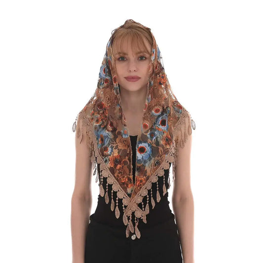 Sanabria Mantilla – Brown Lace with Blue & Red Embroidery