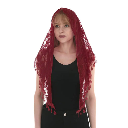 Tejada Mantilla – Deep Red Floral Lace with Teardrop Trim