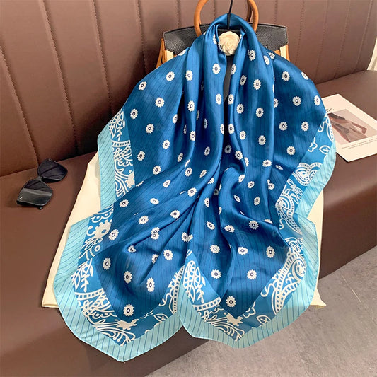 Maillé - Blue Floral & Paisley Scarf with Striped Border