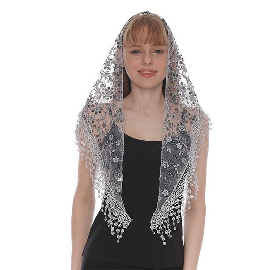 Zabala Mantilla – Silver Floral Lace Veil with Beaded Fringe