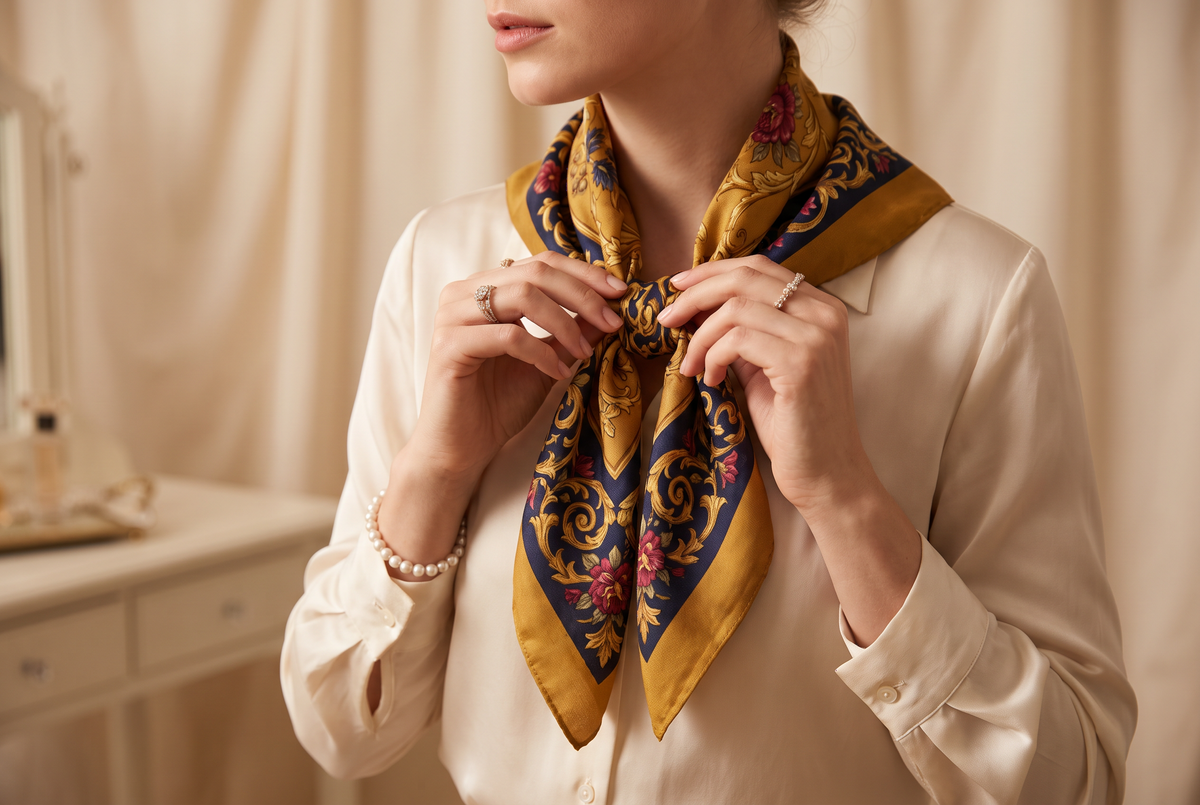Woman tying an elegant patterned square scarf at her neck