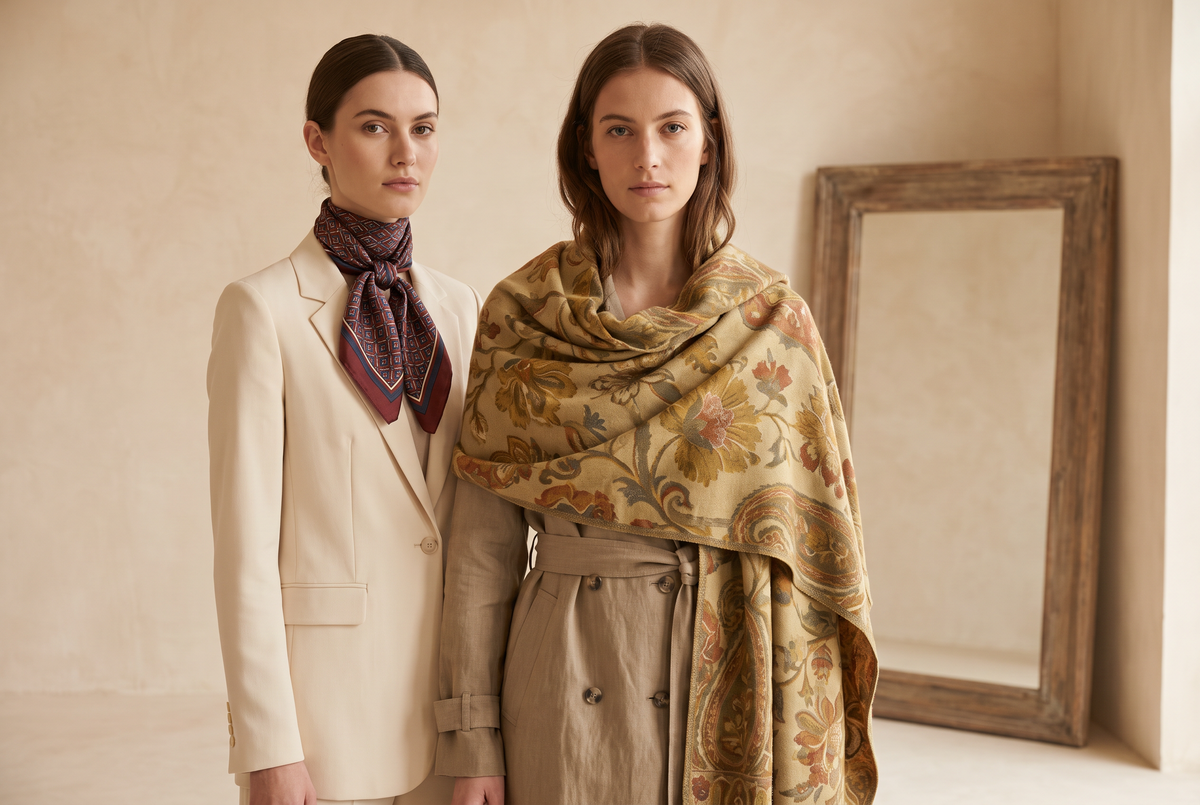 Two women comparing a small neck scarf and a large draped shawl