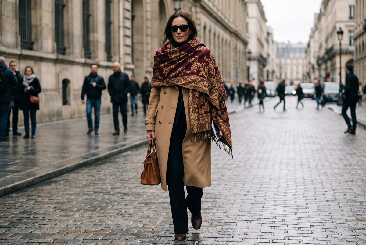 Woman in a trench coat wearing a baroque patterned shawl on a city street