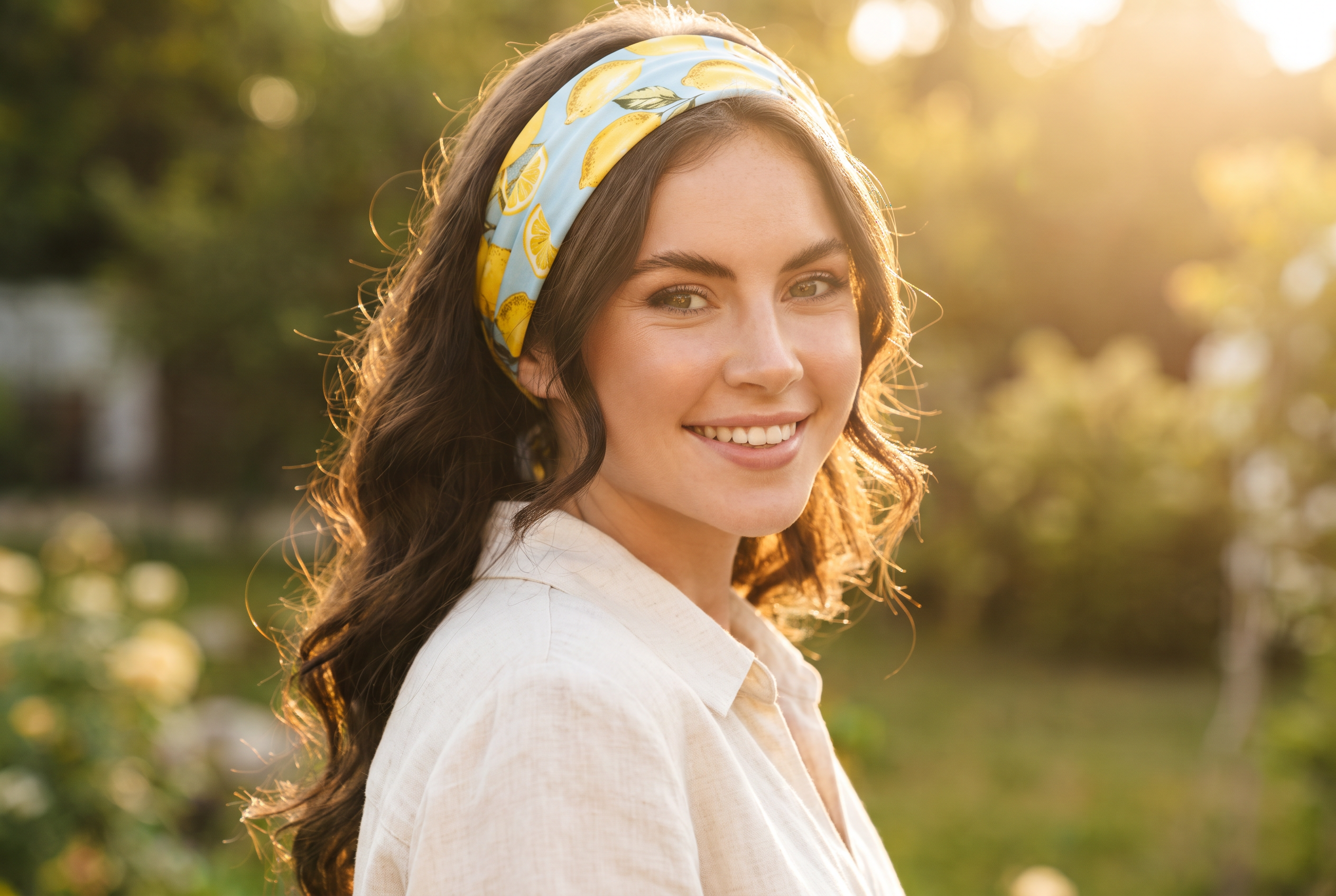 Smiling woman wearing a lemon-print scarf as a headband