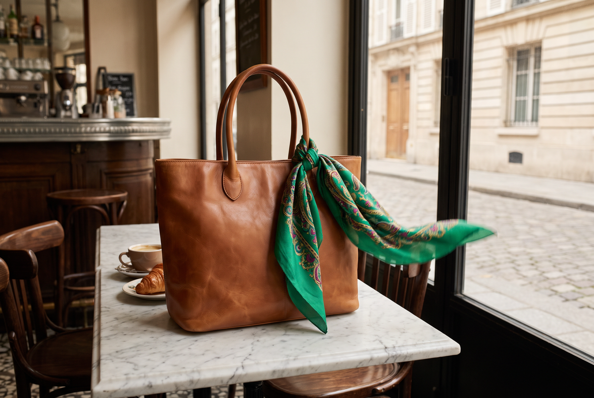 Emerald patterned scarf knotted on a caramel leather handbag