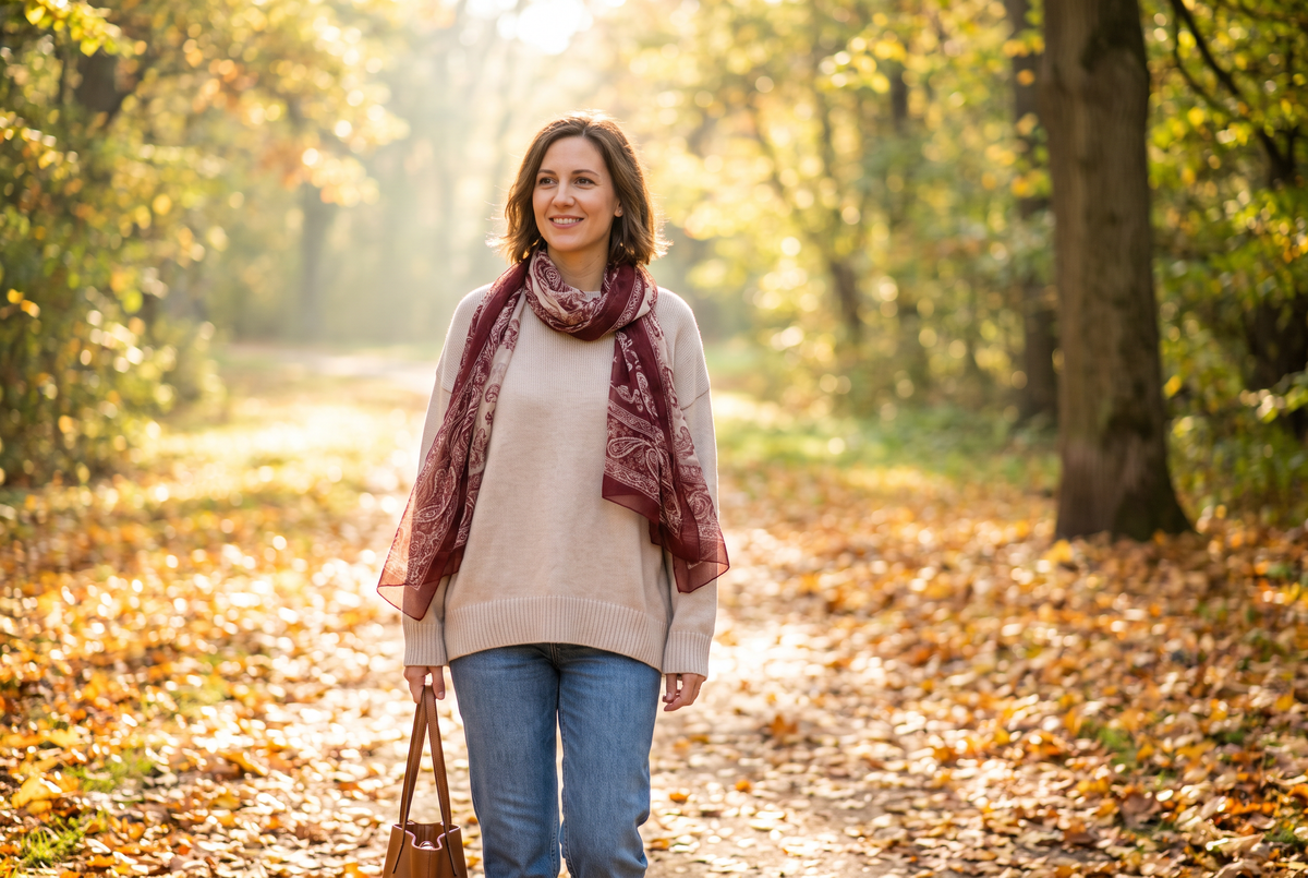 Woman in a beige knit with an oxblood patterned scarf walking through an autumn park