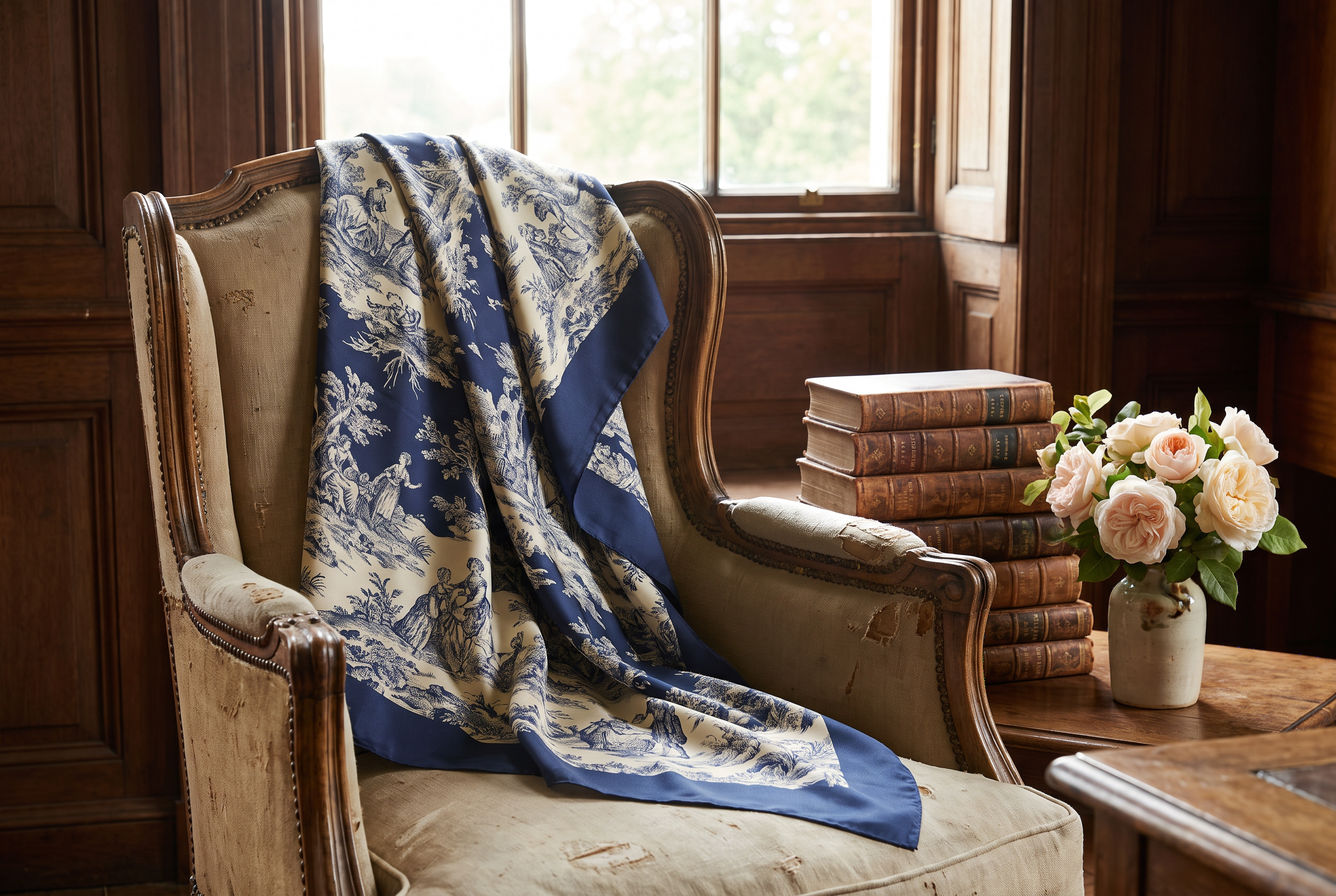 Navy toile de Jouy scarf draped over an antique chair with books and roses