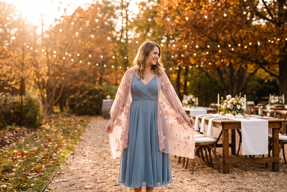 Wedding guest in a blue dress with a blush floral shawl at an autumn wedding