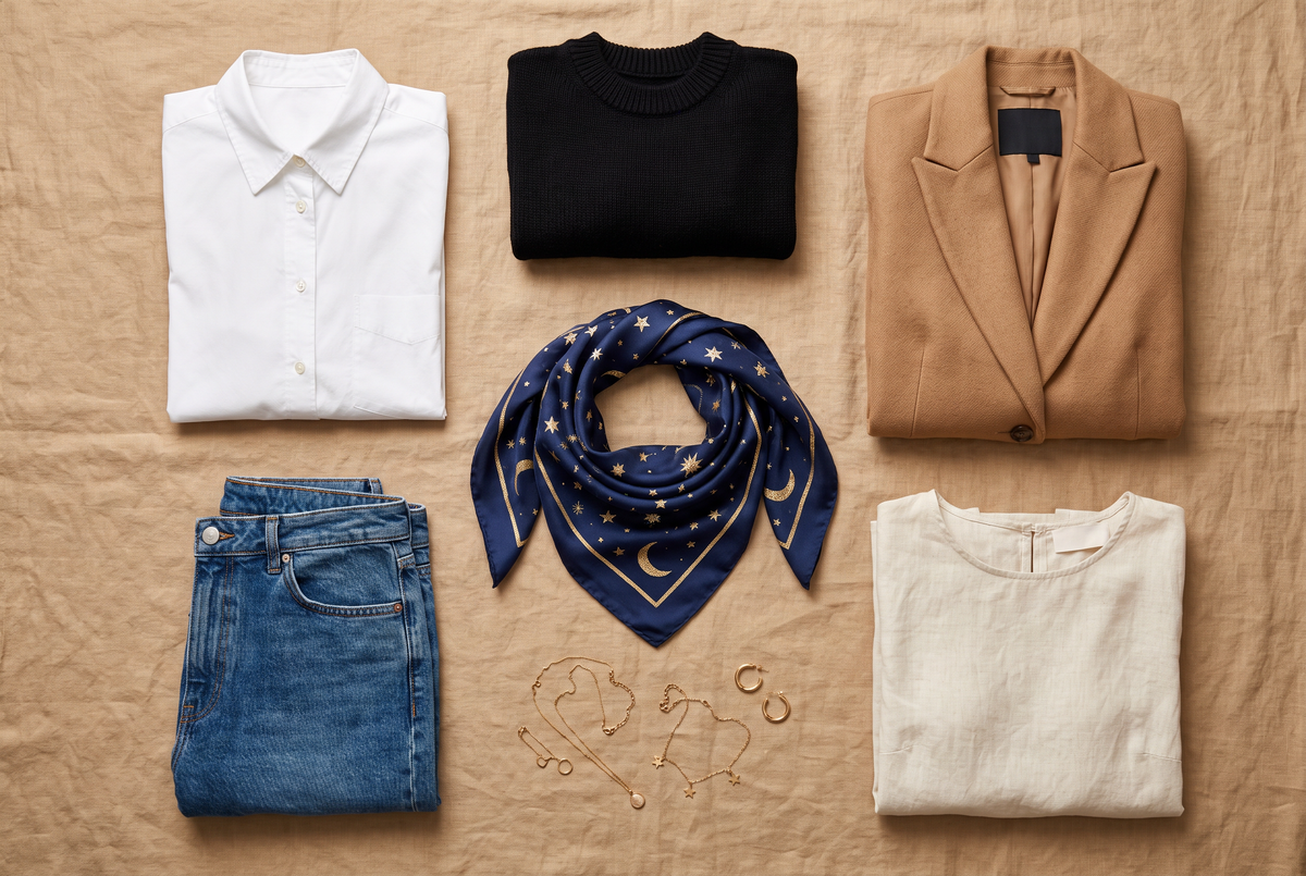 Capsule wardrobe flat lay with a navy celestial scarf at the center