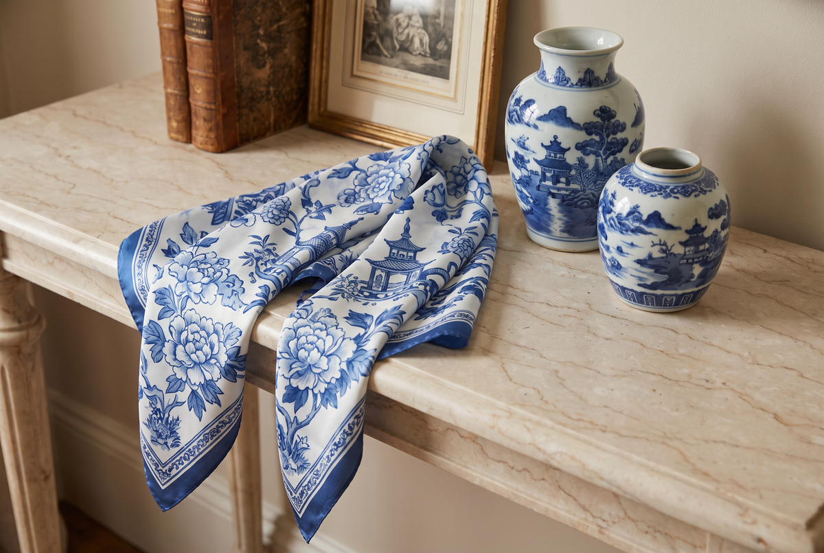 Blue and white chinoiserie scarf draped beside porcelain vases