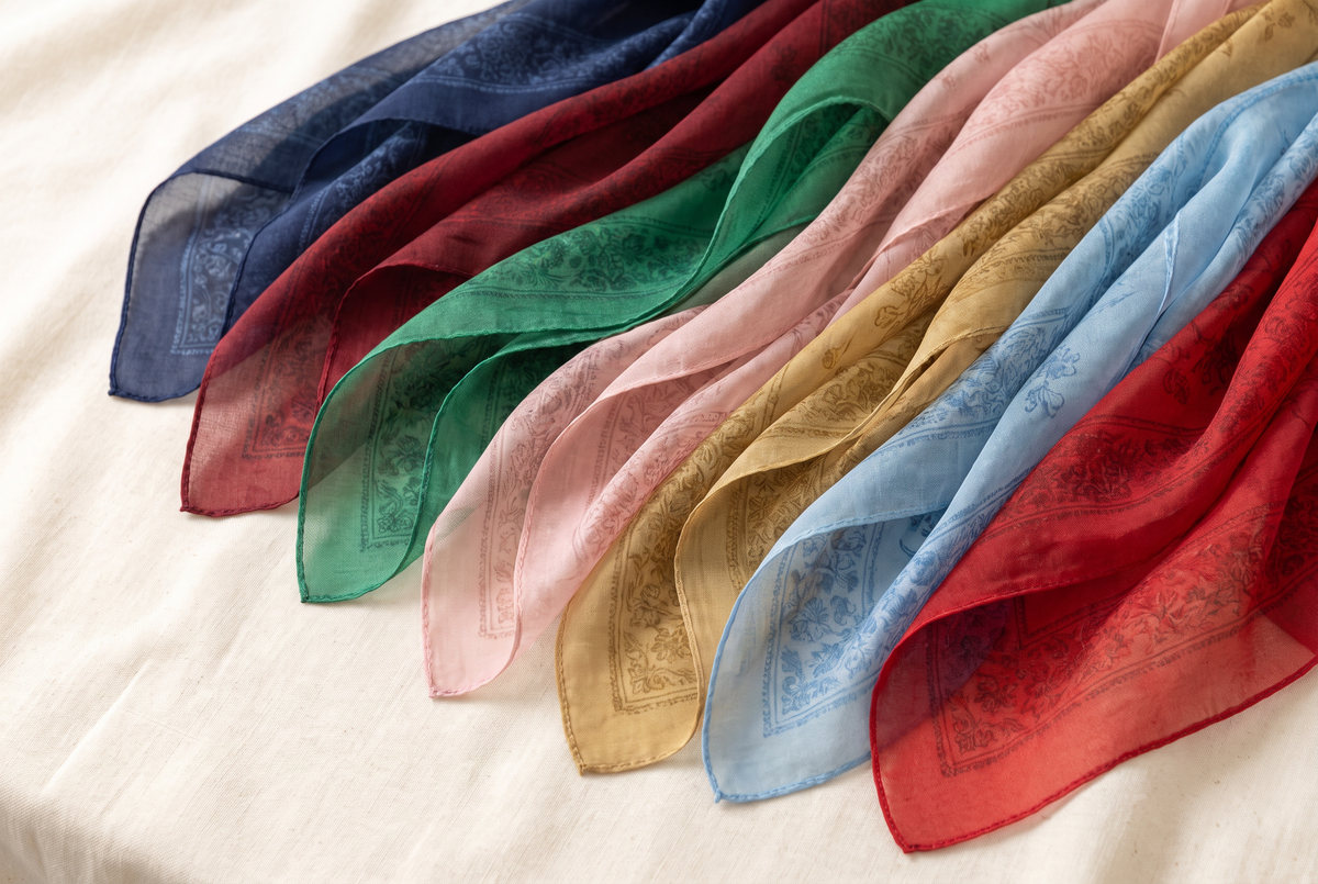 Fan of sheer patterned scarves in many colors on a cream background