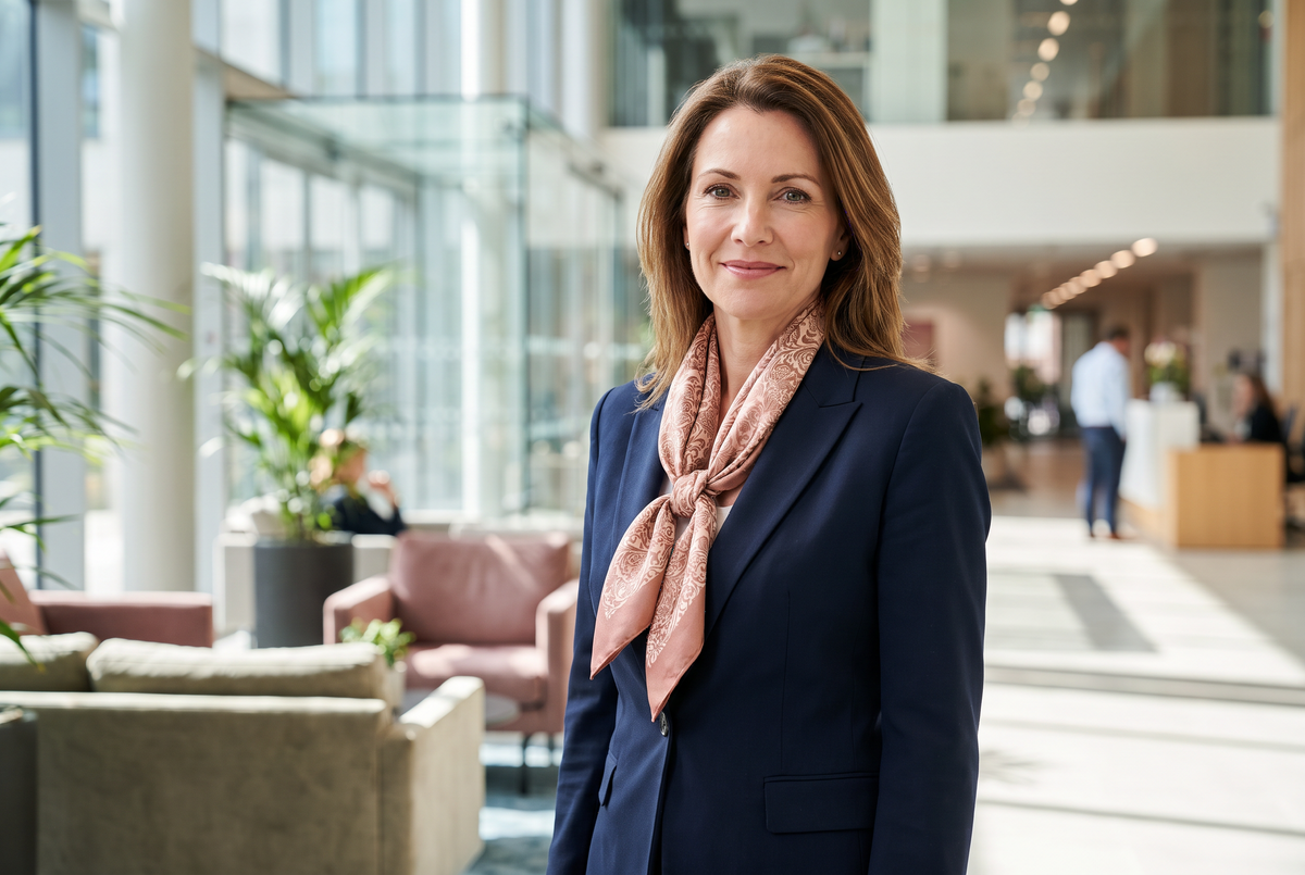 Professional woman in a navy blazer with a rose gold filigree neck scarf