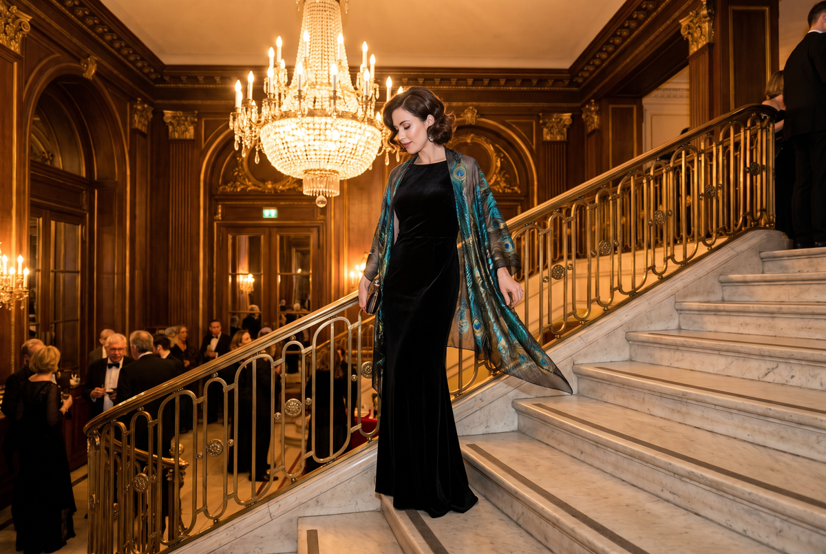 Woman in a black gown with a teal peacock shawl descending an opera house staircase