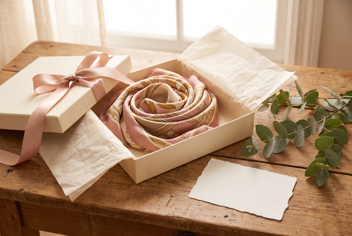 Patterned scarf folded in a gift box with ribbon and eucalyptus