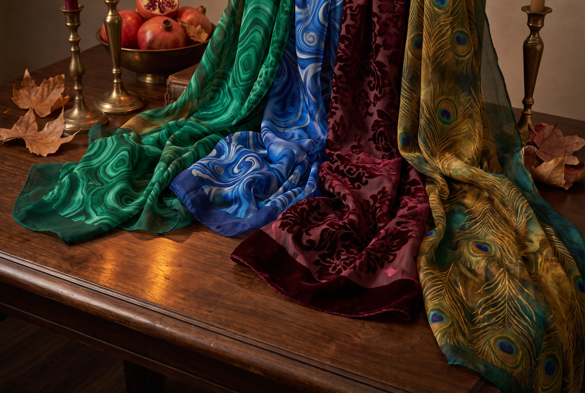 Emerald, sapphire, burgundy and gold patterned scarves draped on a walnut table