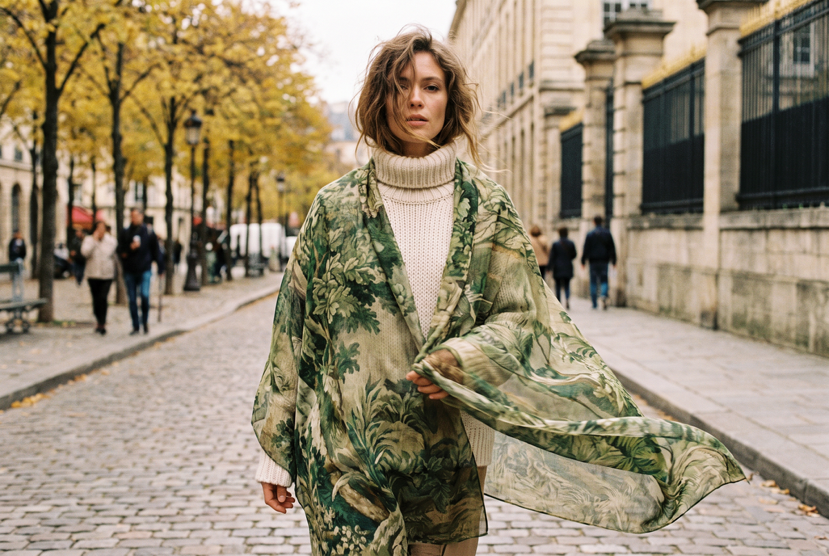 Woman on a cobblestone street wrapped in an oversized green tapestry shawl