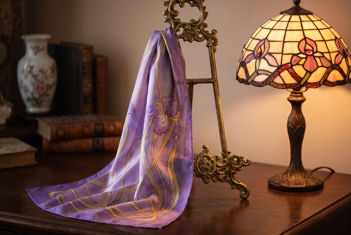 Violet art nouveau patterned scarf draped beside a stained glass lamp