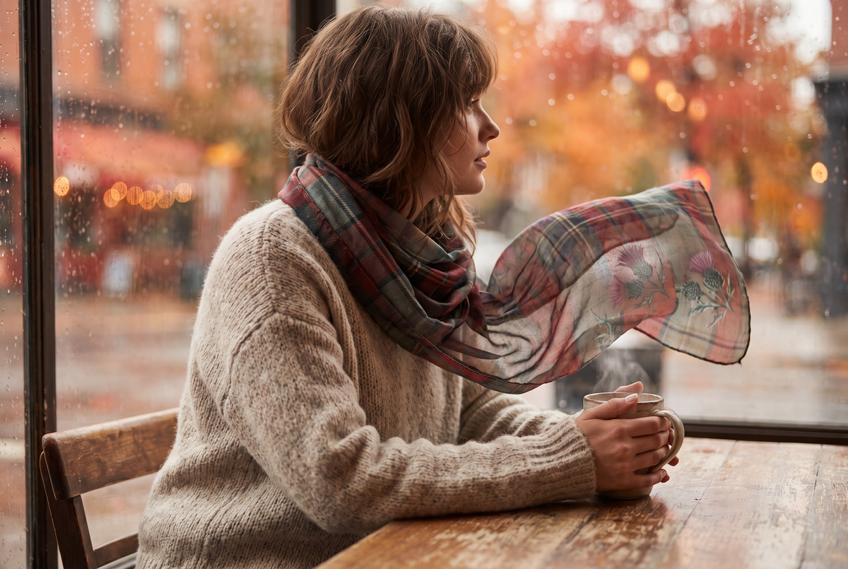 Woman in a chunky knit sweater with a patterned scarf at a rainy cafe window