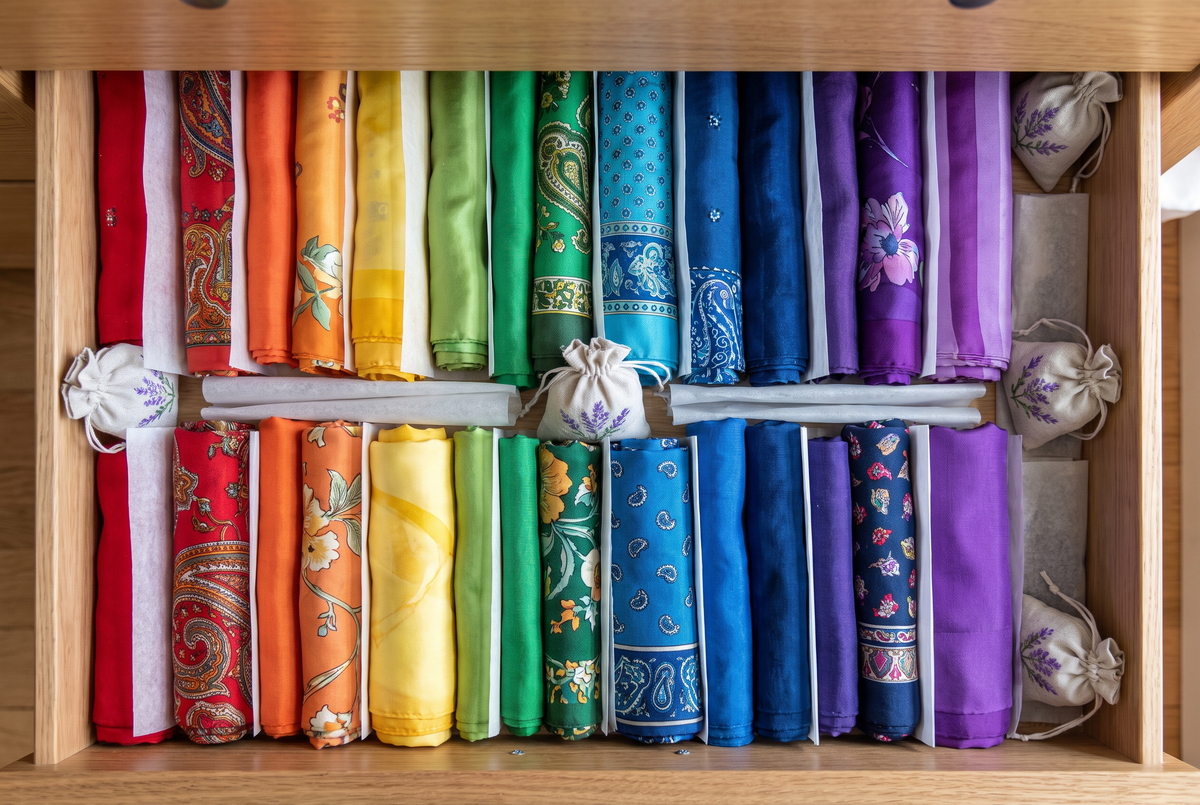 Drawer of neatly rolled colorful scarves arranged like a rainbow
